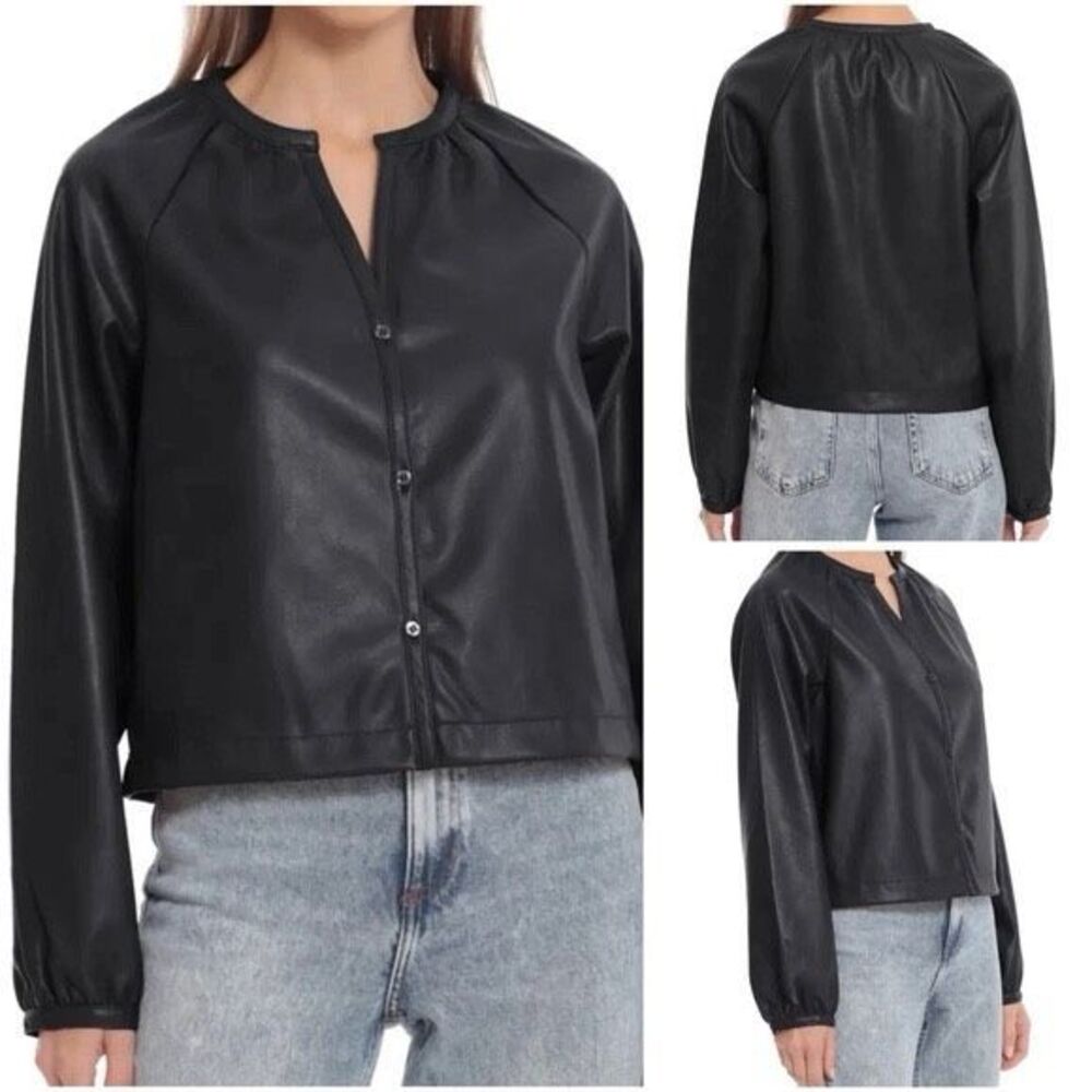 Avec Les Filles Black Faux Leather Blouse Button Up Long Sleeve XL